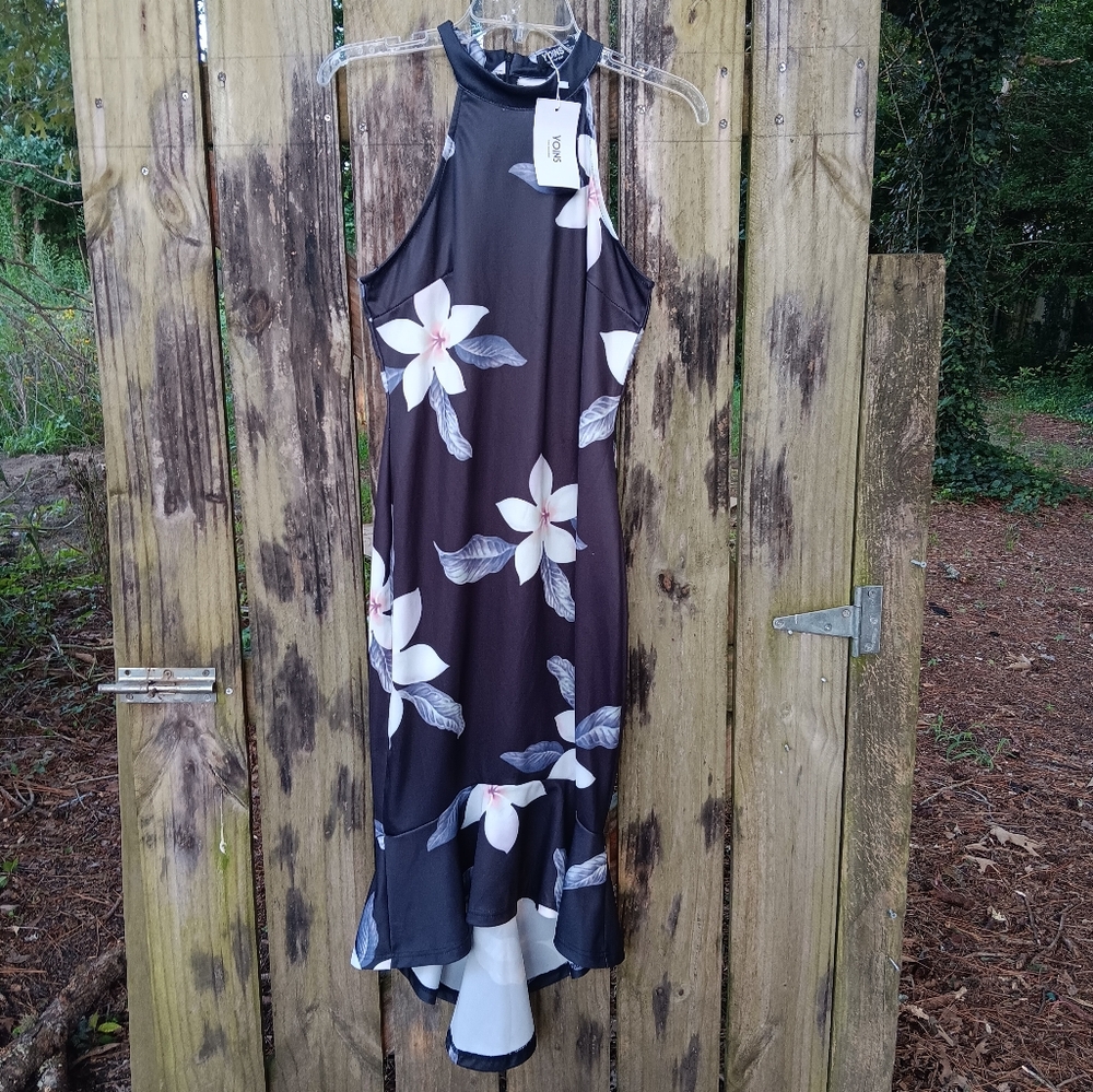 YOINS NWT Black Floral Sleeveless Satin High Low Dress M 8/10